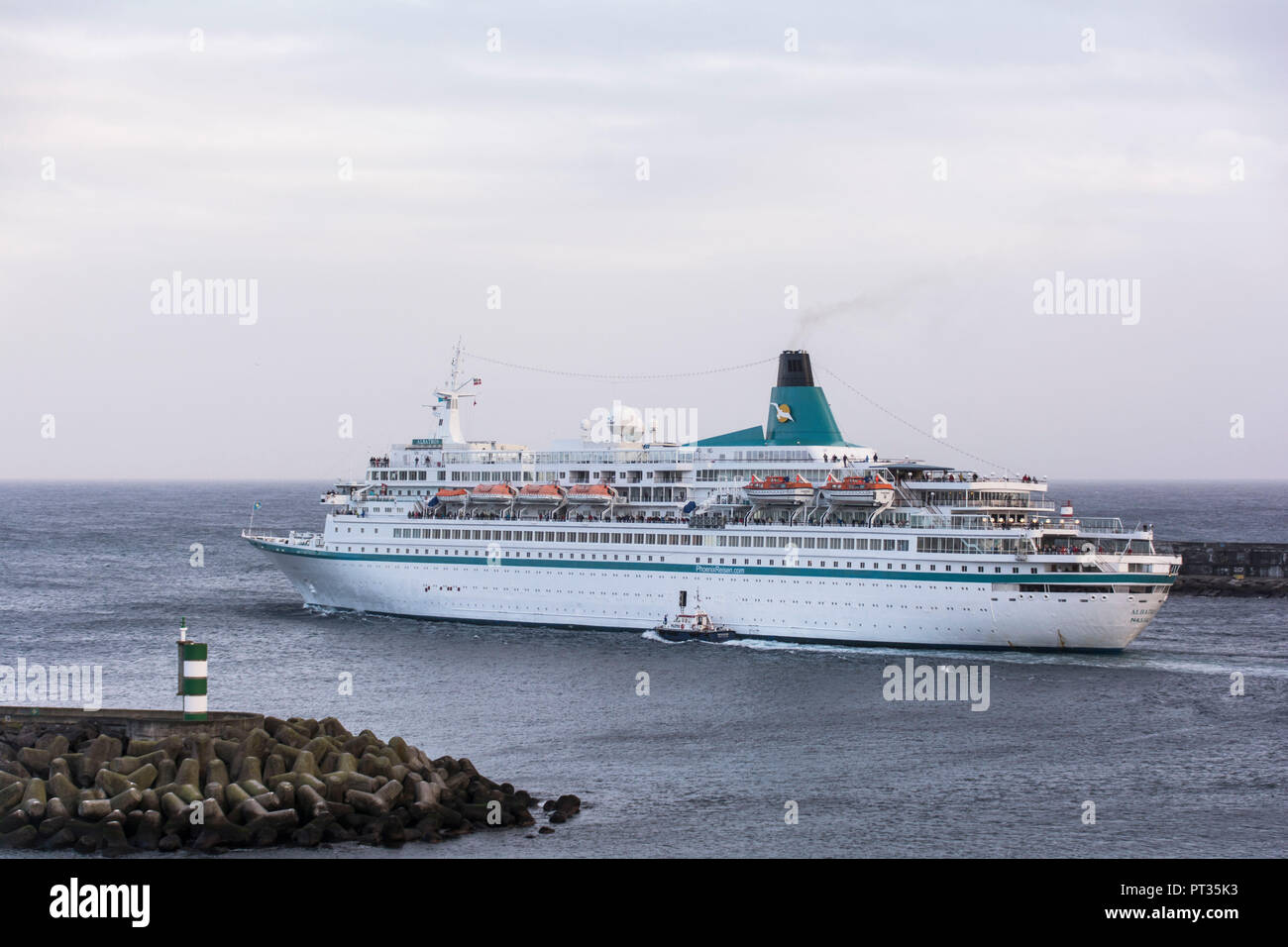 Cruise ship MS Albatros in front of Ponta Delgada on Azores island São Miguel Stock Photo