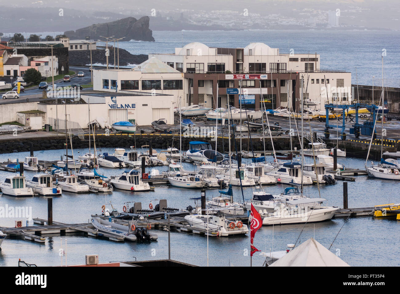 Town view with marina of Ponta Delgada on Azores island São Miguel Stock Photo