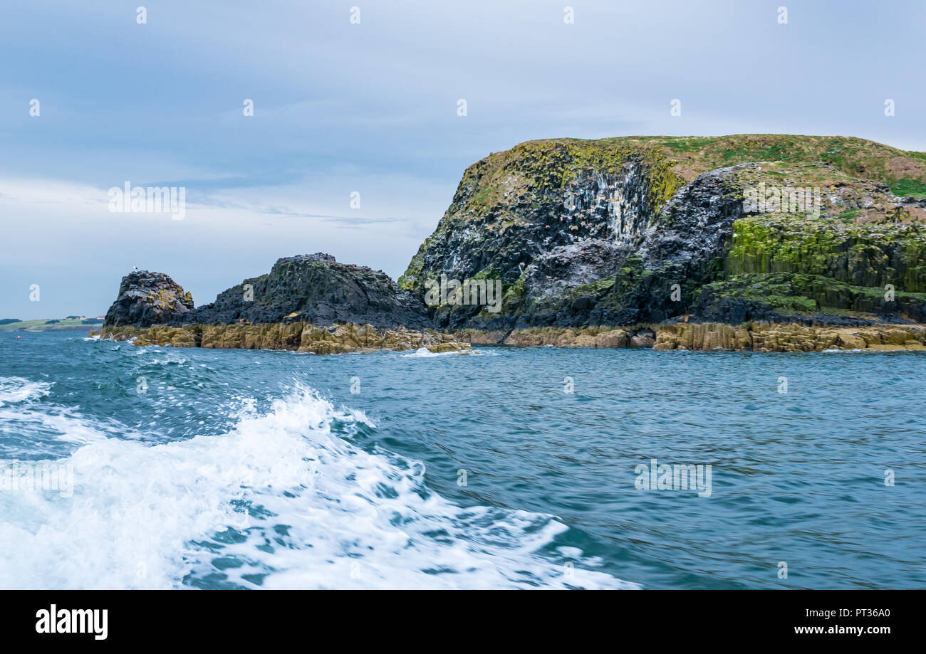 Boat wake and view of Lamb Island, Firth of Forth, Scotland, UK Stock Photo
