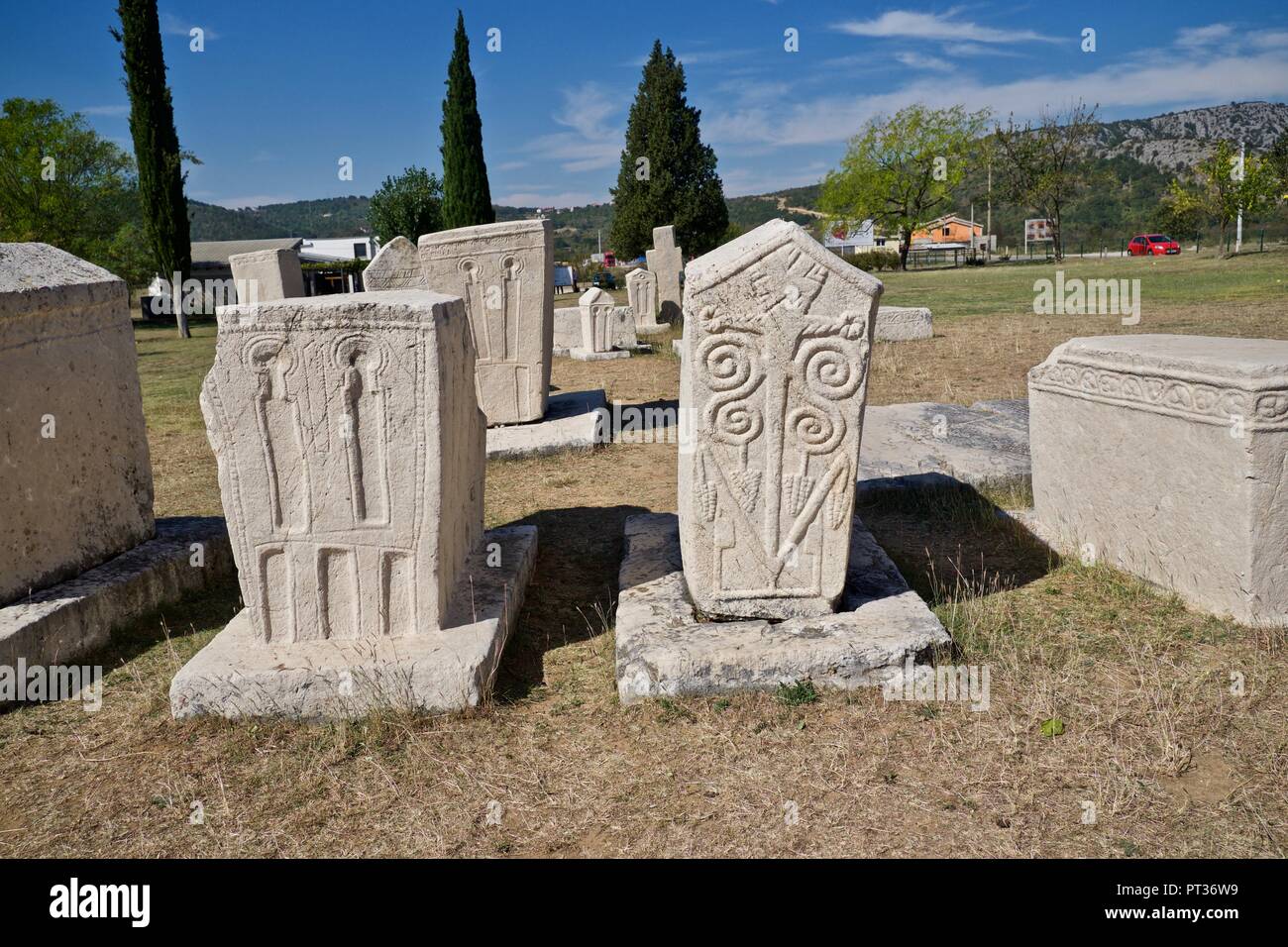 Stećci, ancient megalithic tombstones at Radimlja ancient necropolis at Vidovo Polje near Stolac, Bosnia and Herzegovina Stock Photo