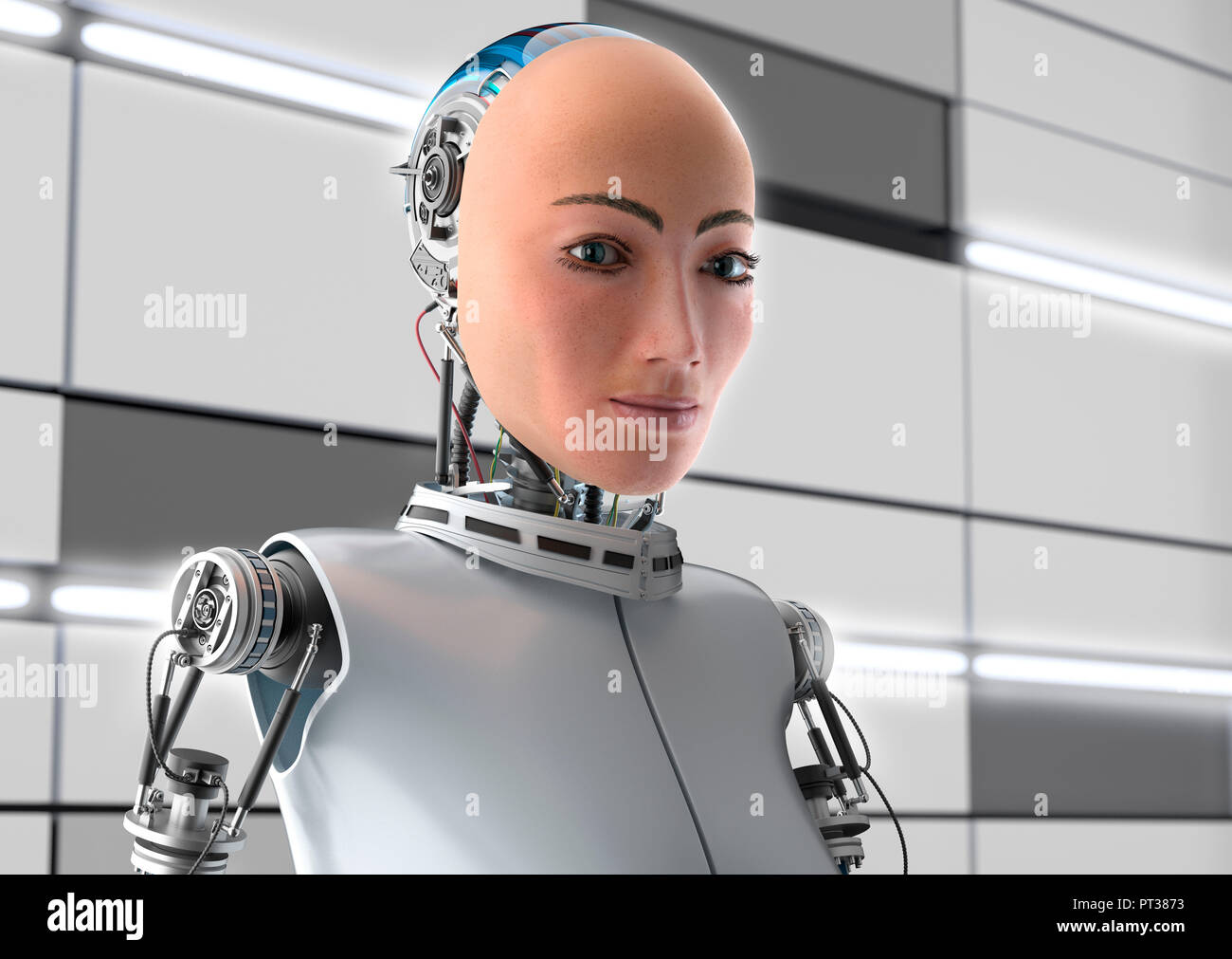 Female robot Android with realistic face, mechanical back of the head and upper body in front of bright laboratory wall. Stock Photo