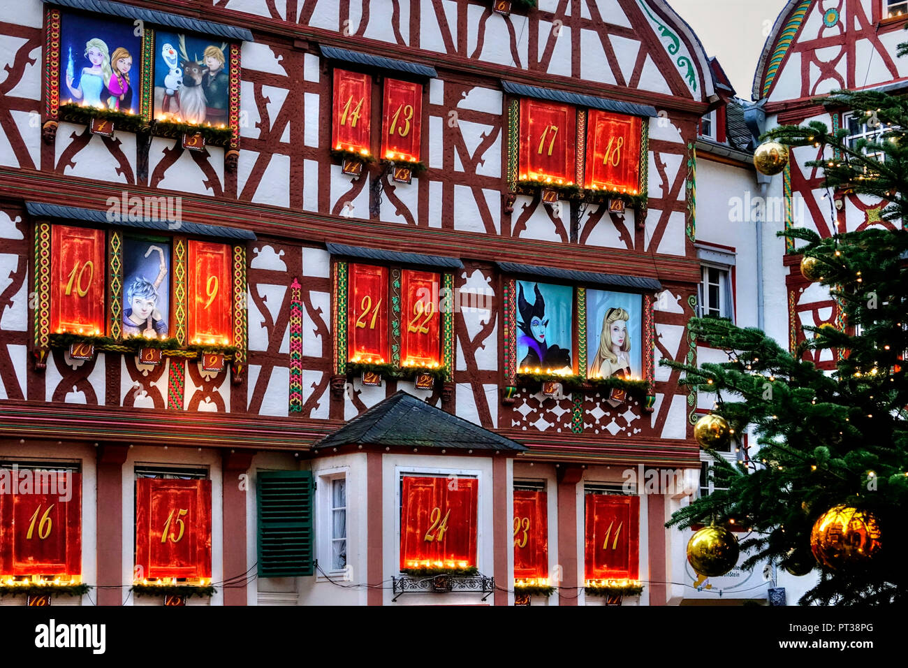 Advent calendar house at market place in Christmas time, Bernkastel-Kues, Mosel valley, Rhineland-Palatinate, Germany Stock Photo