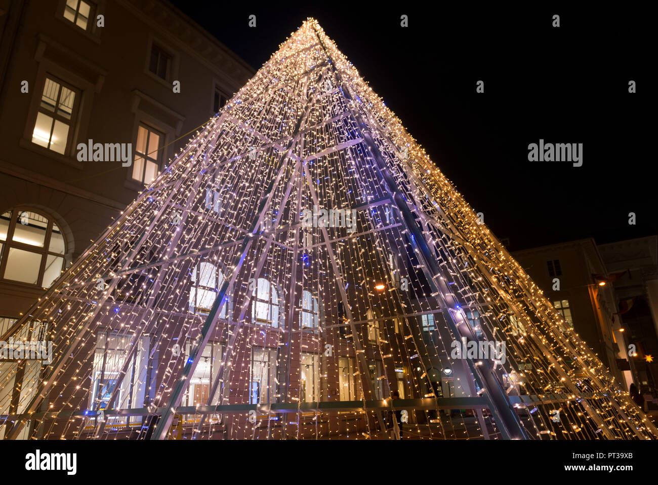 Germany, Baden-Württemberg, Karlsruhe, Christmas pyramid on market square Stock Photo