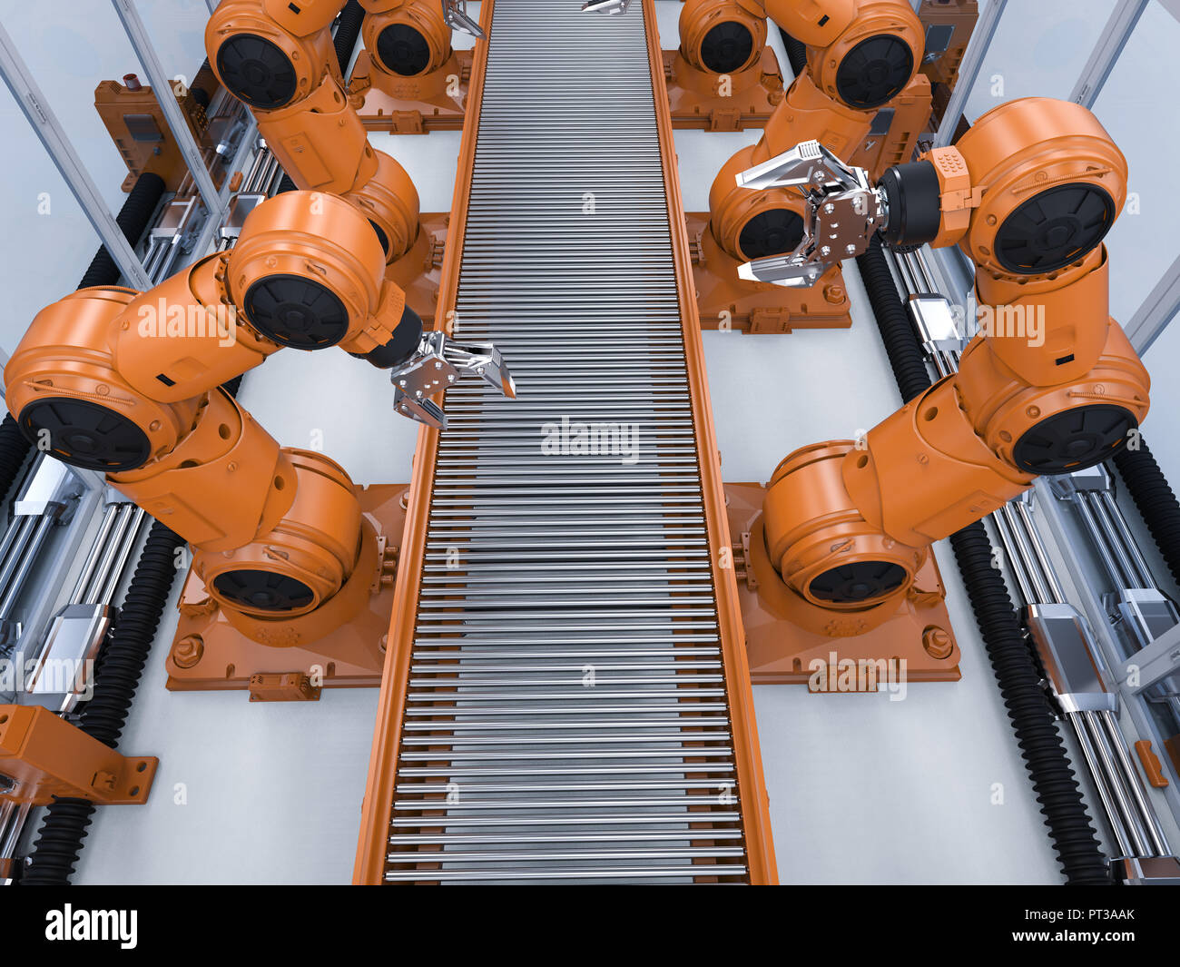 Automation industry concept with 3d rendering robot assembly line in ...