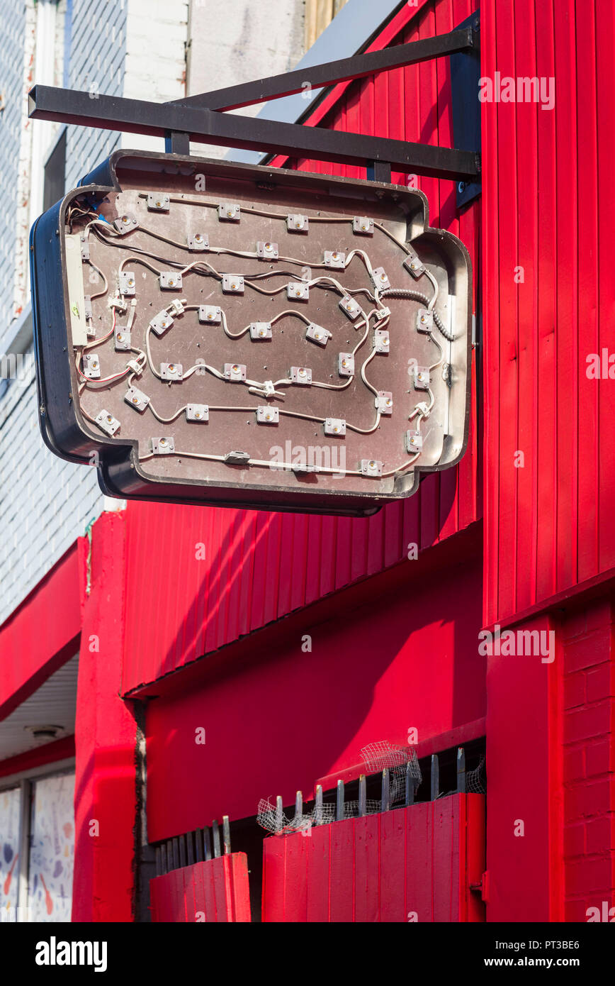 Canada, Quebec, Montreal, StLaurent Street, broken store sign Stock