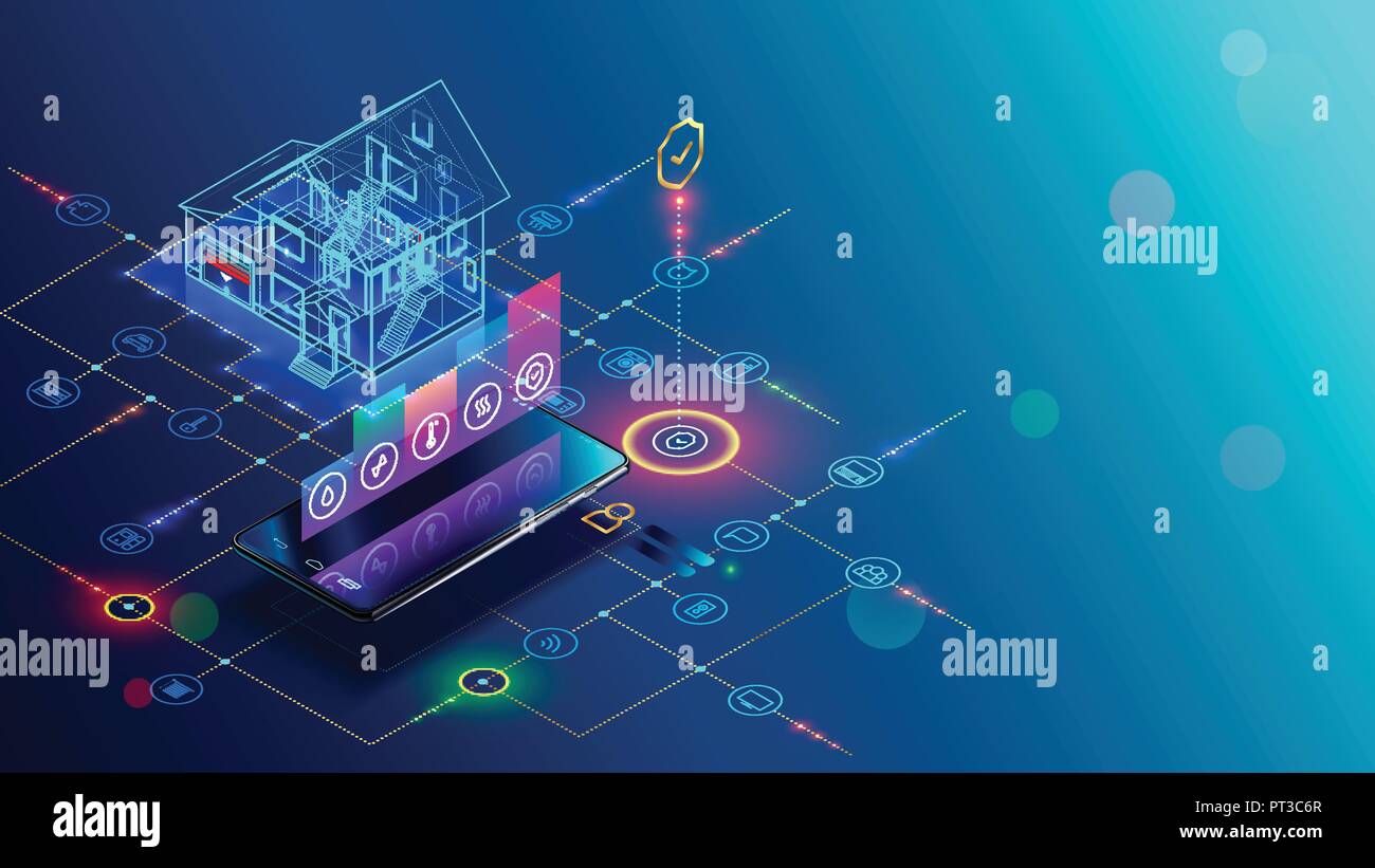 Smart home with internet of things isometric concept. IOT technology in house automation design. Smartphone for wireless control of household appliances via internet. Protection house infrastructure. Stock Vector