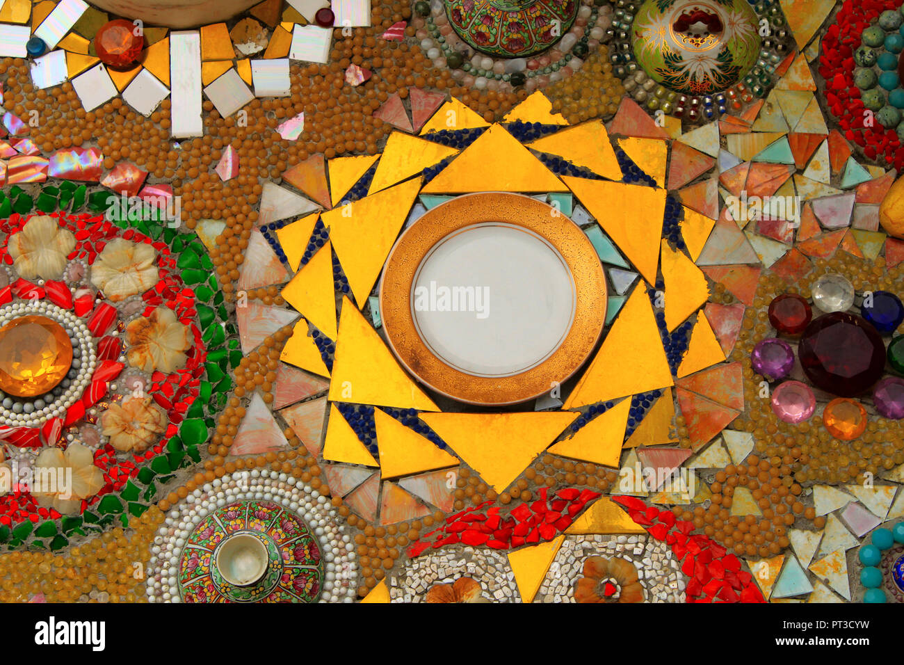 Lovely colorful mosaic mandalas decorated with gems, at Pha Sorn Kaew