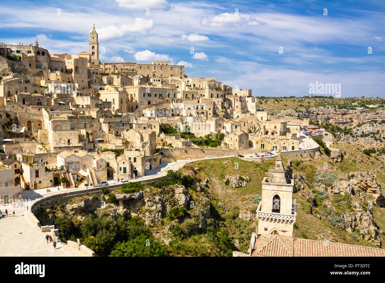 Matera, Italy - August 19,2018: Panorama of the Colle della Civita of Matera with the blue sky Stock Photo