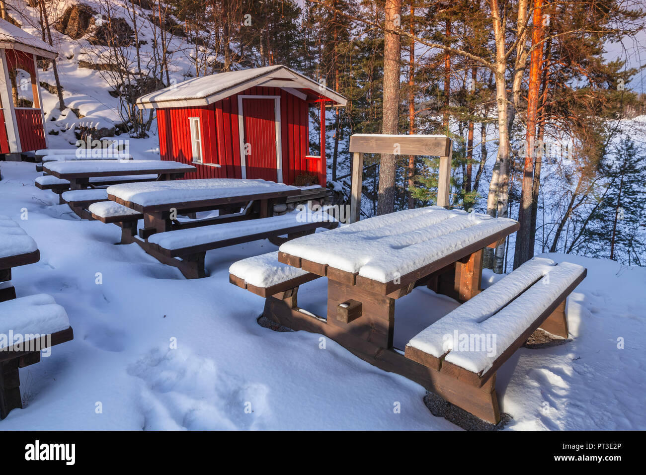 Rural winter landscape with generic red wooden cottage and outdoor ...