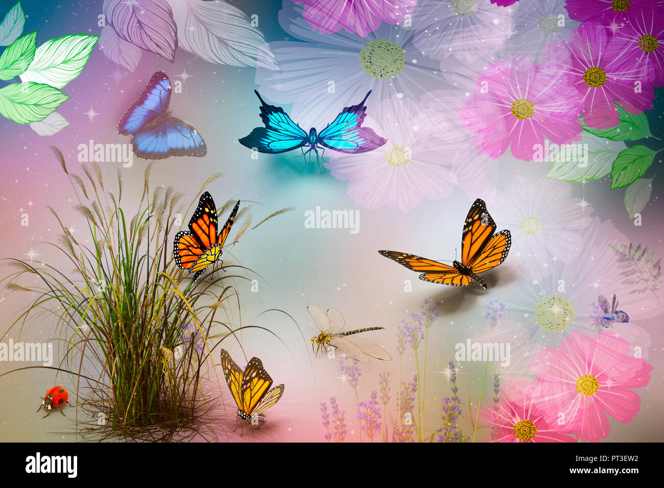 Abstract image of different butterflies on the background of flowers and  plants. 3D rendering Stock Photo - Alamy, image size:1300x956