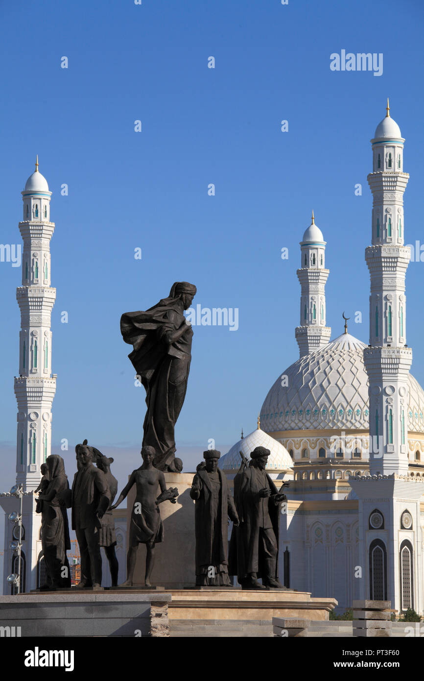 Kazakhstan; Astana; Kazakh Yeli Monument, Hazrat Sultan Mosque, Stock Photo