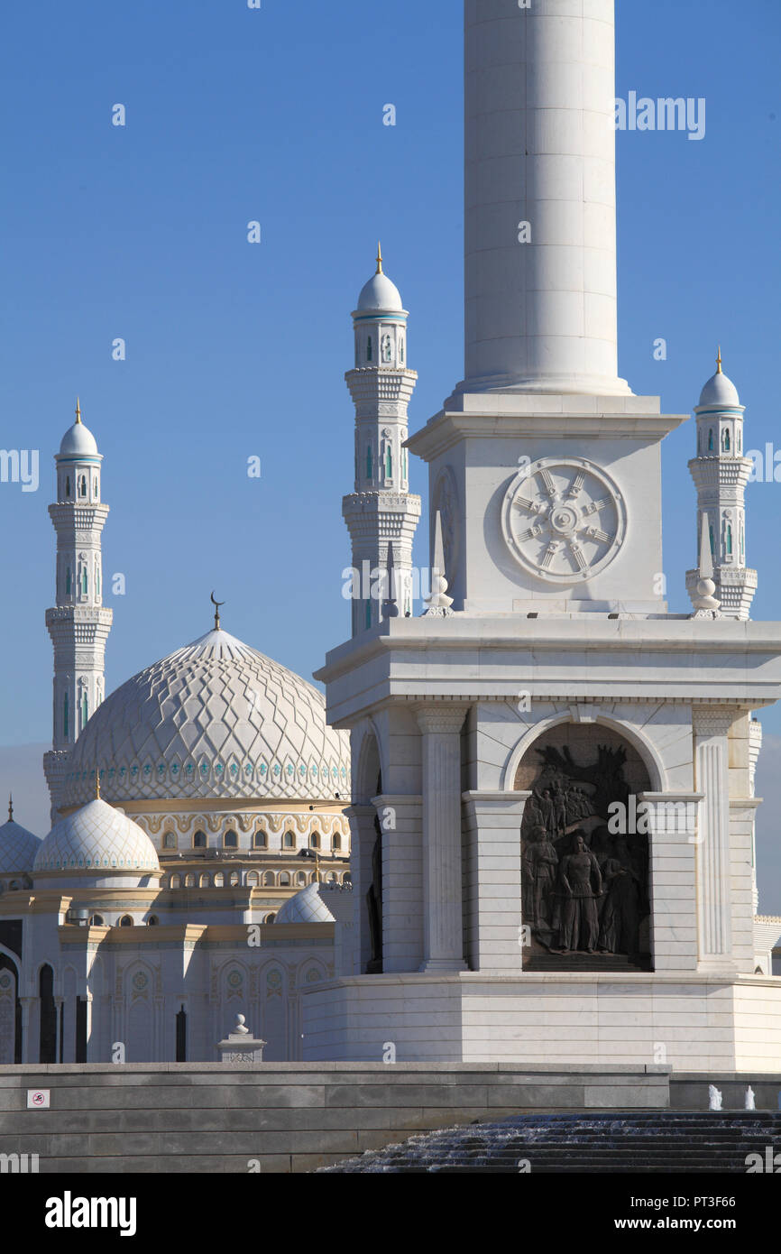 Kazakhstan; Astana; Kazakh Yeli Monument, Hazrat Sultan Mosque, exterior, Stock Photo