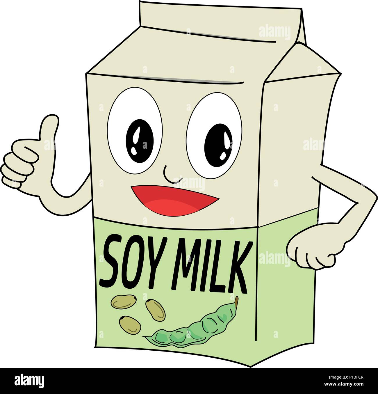 Vector of a soy milk box. Animated cartoon with face and thumb up. Design with soy beans and seeds. Stock Vector