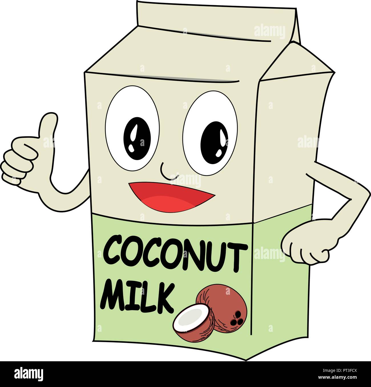 Vector of a coconut milk box. Animated cartoon with face and thumb up