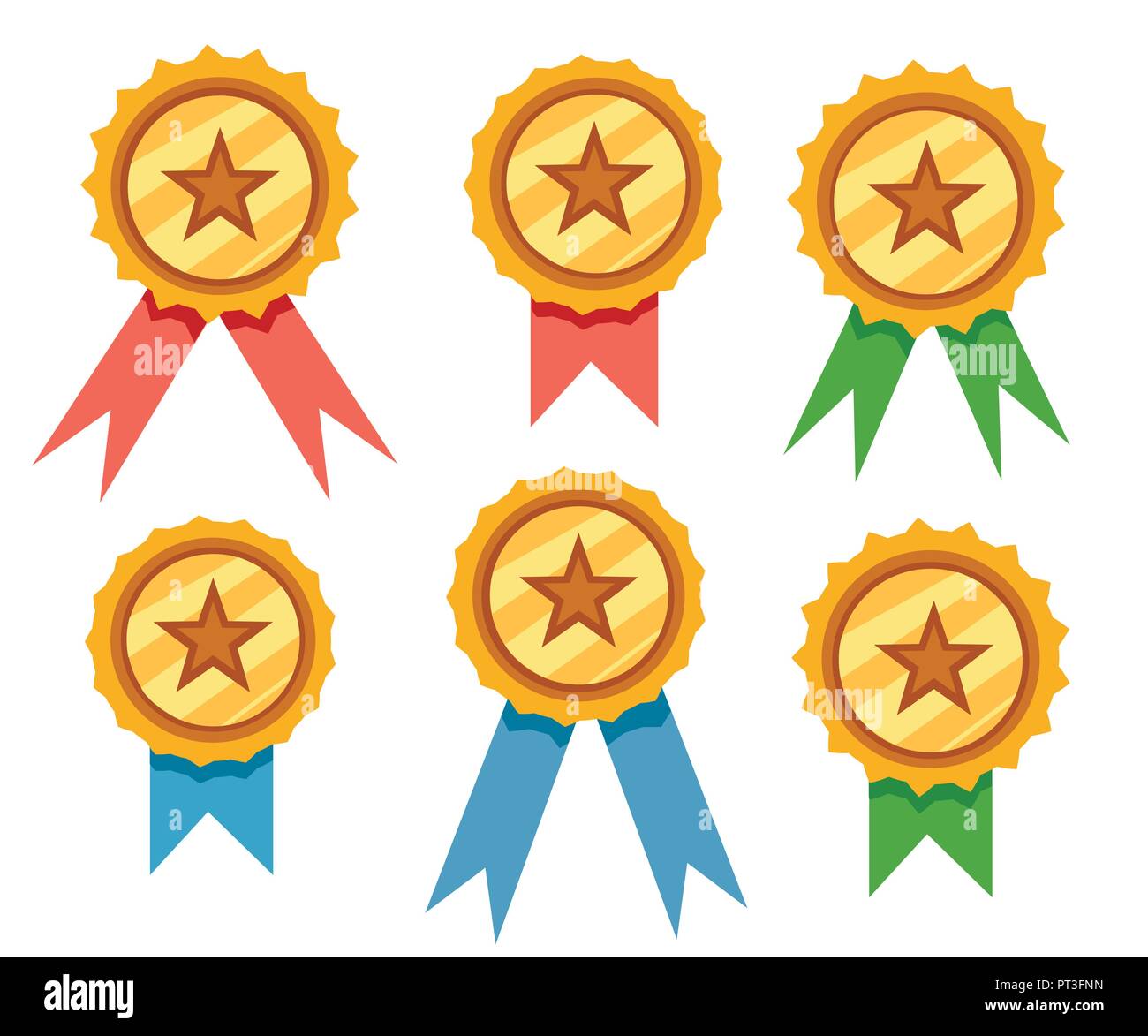 Set of golden award badges with blue,red and green ribbons. Flat vector