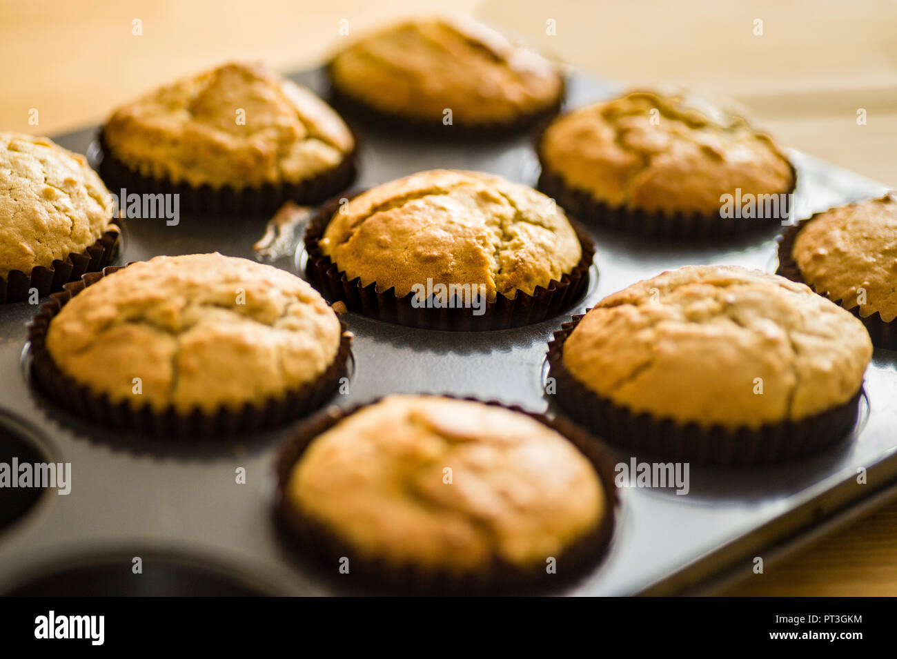 baking tray with blueberry muffins Stock Photo
