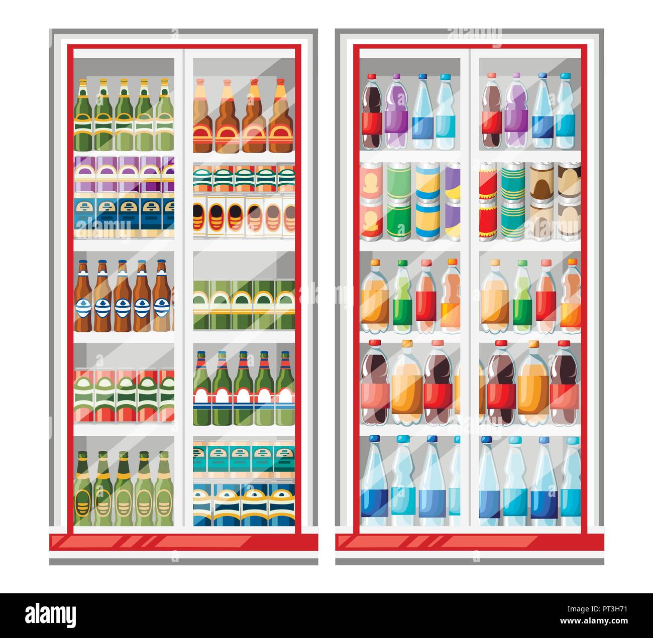 Refrigerator for drinks. Fridge full of bottles of water. Different colored bottles in drinks fridges. Flat vector illustration isolated on white back Stock Vector