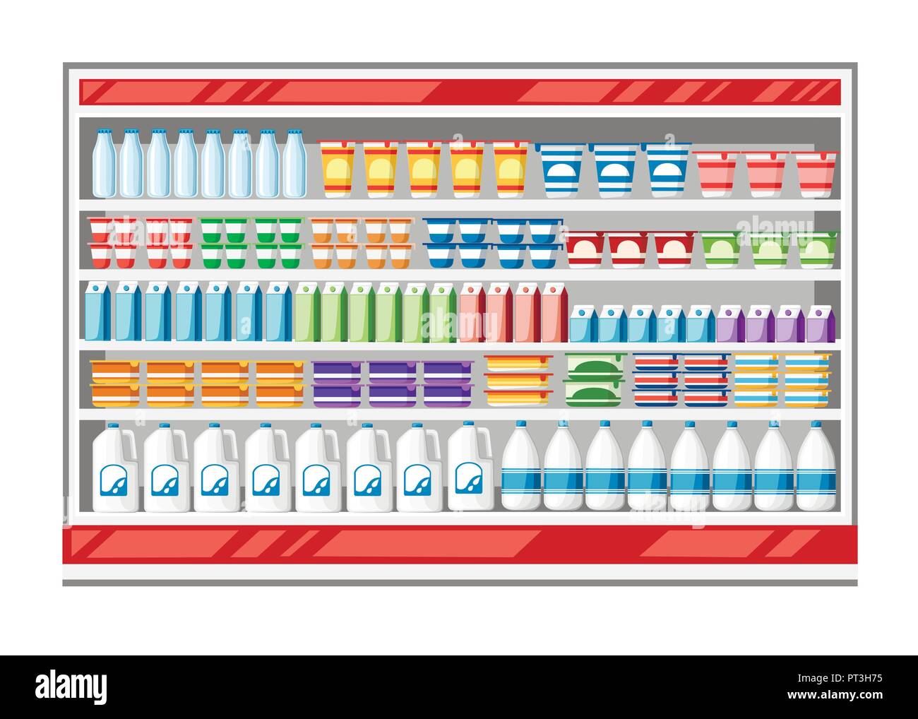 Showcase fridge for cooling dairy products. Different colored bottles and boxes in fridge. Supermarket cooling shelf for milk, yogurt, sour cream. Fla Stock Vector