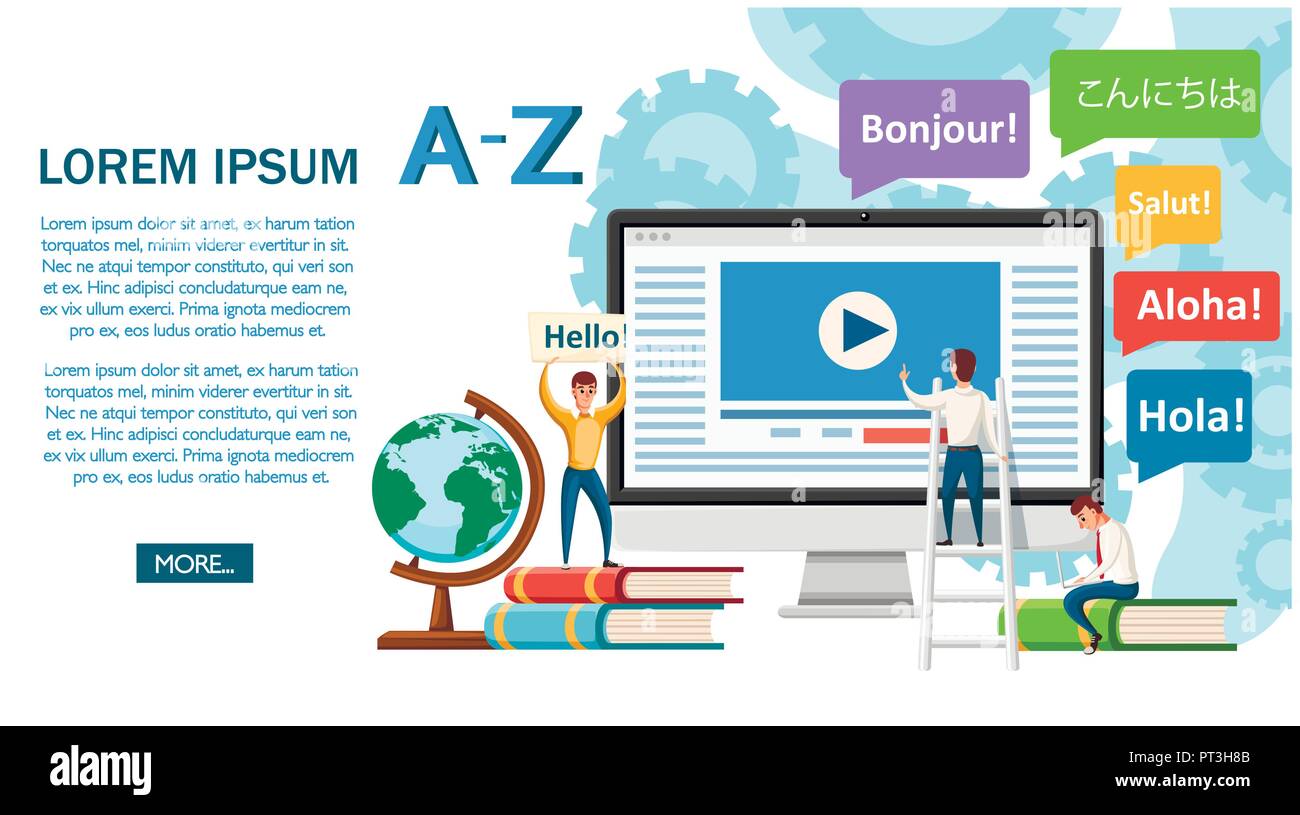 Language School Concept Banner Monitor Books And Humans Online