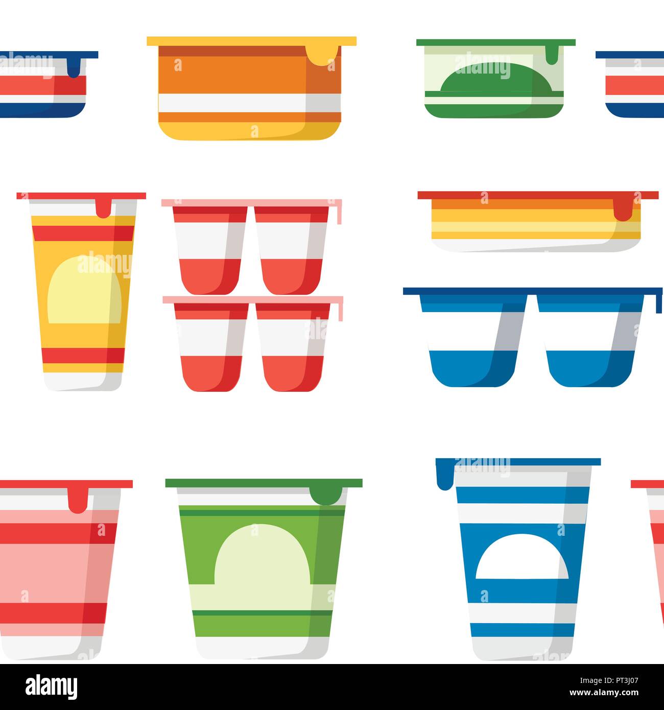 Seamless pattern. Set of yogurt containers. Colored template packaging