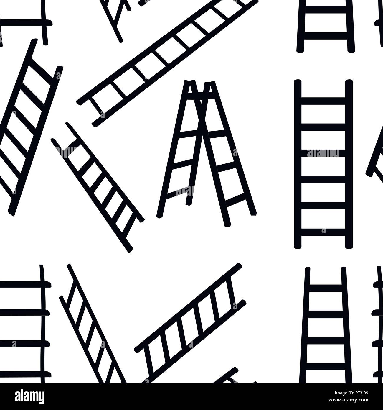 Seamless pattern. Black silhouette. Collection of metal ladders. Different types of stepladders. Flat vector illustration on white background. Stock Vector
