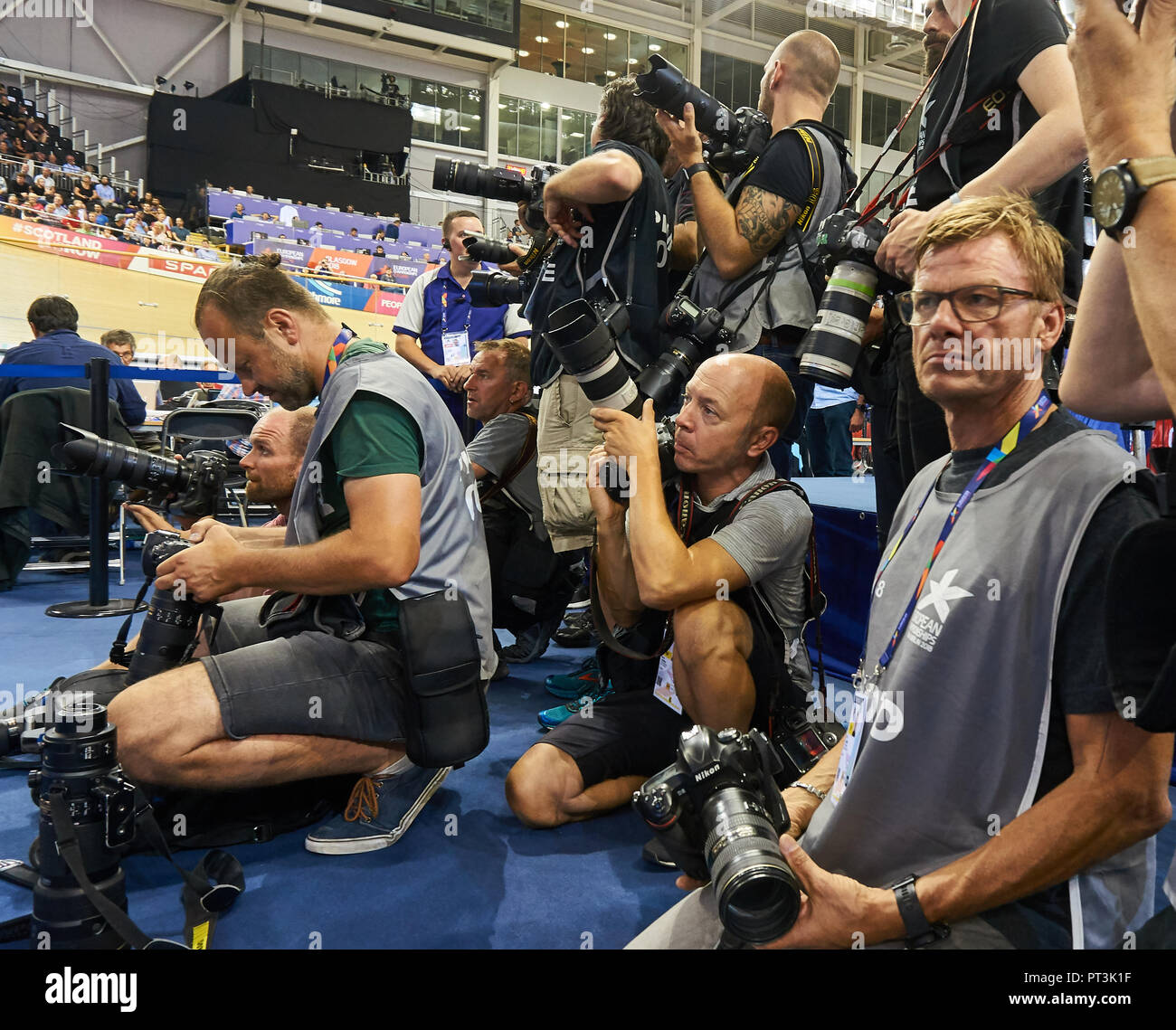 Group of press photographers at a sports event - Glasgow European Championships 2018 Stock Photo
