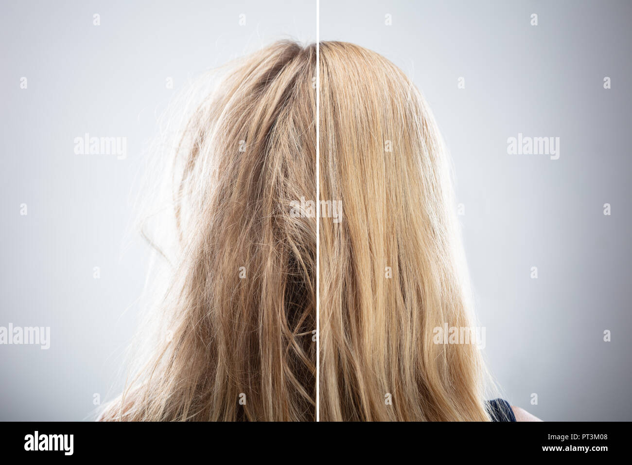 Woman's Hair Before And After Hair Straightening On Grey Background Stock Photo