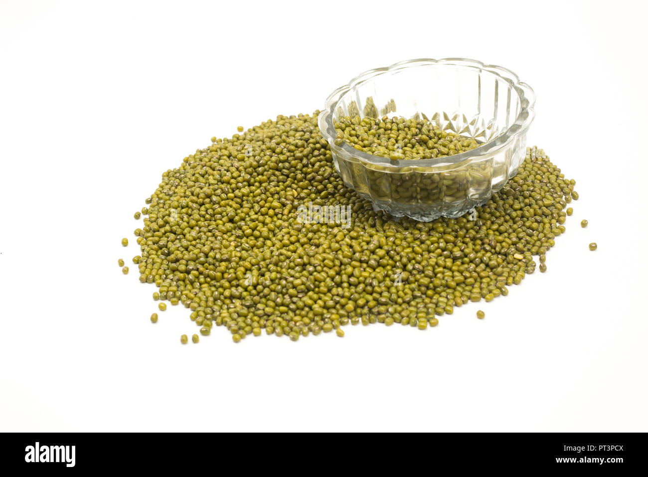 Green mung beans or mung dal isolated on white background. Stock Photo