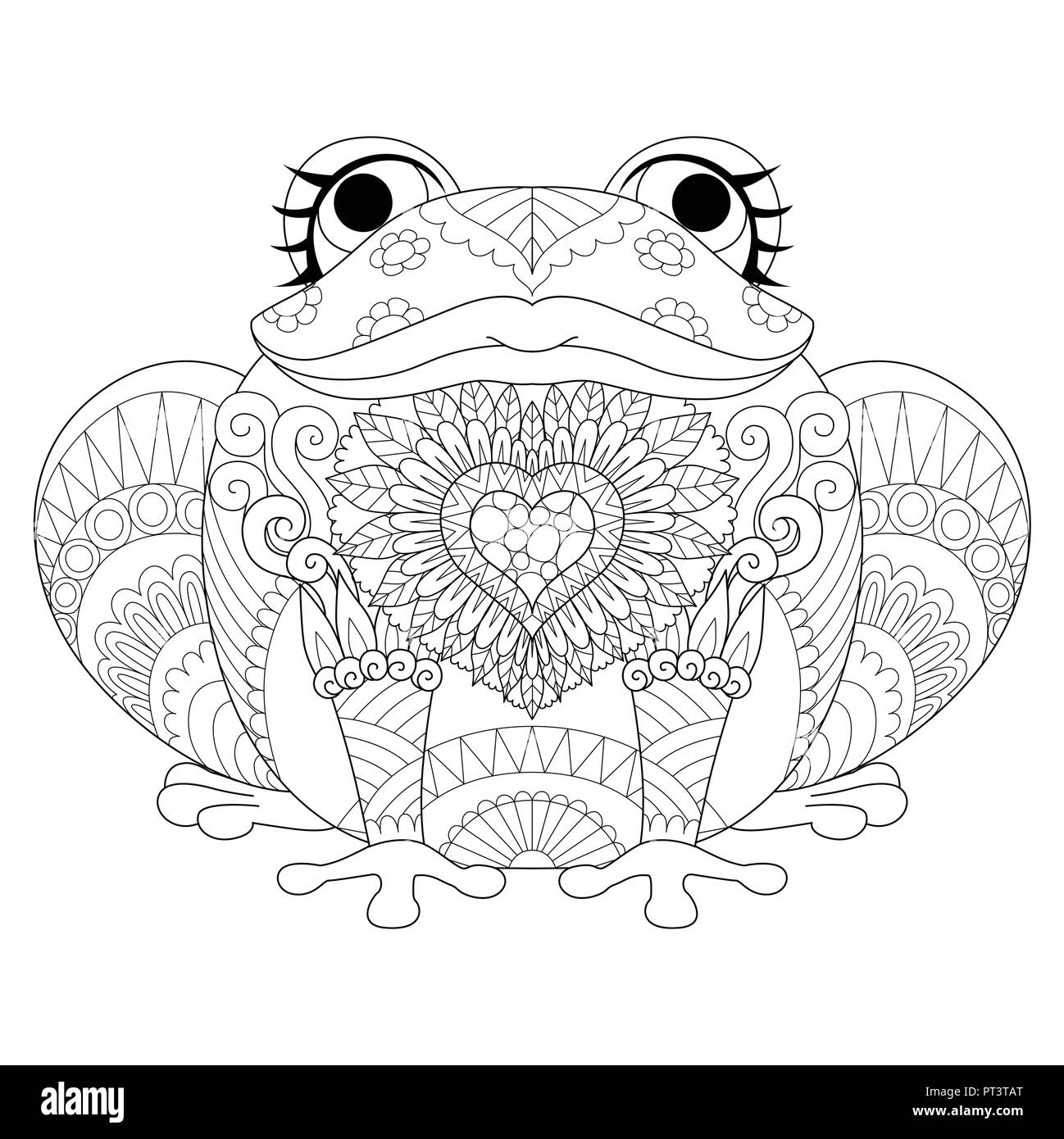 Drawing cute frog with long eyelashes with the heart shape in the chest for design element and coloring book pages for adult.Vector illustration Stock Vector