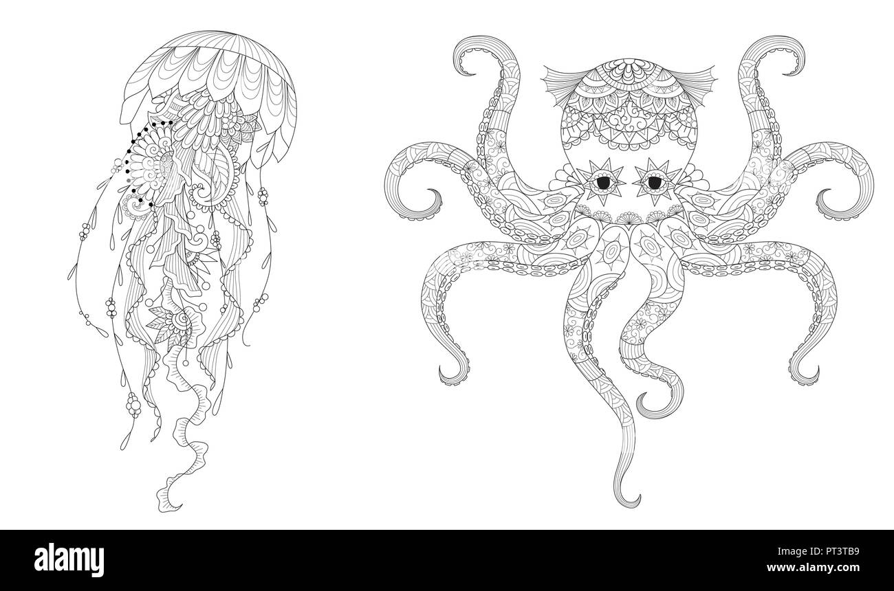 Set of jellyfish and octopus for coloring book page for anti stress and print on product. .Freehand drawing. Vector illustration. Stock Vector