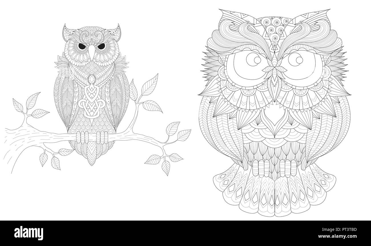 Boho owls set for tattoo, t shirt design, coloring book,coloring page for anti stress and so on. Freehand drawing. Vector illustration Stock Vector