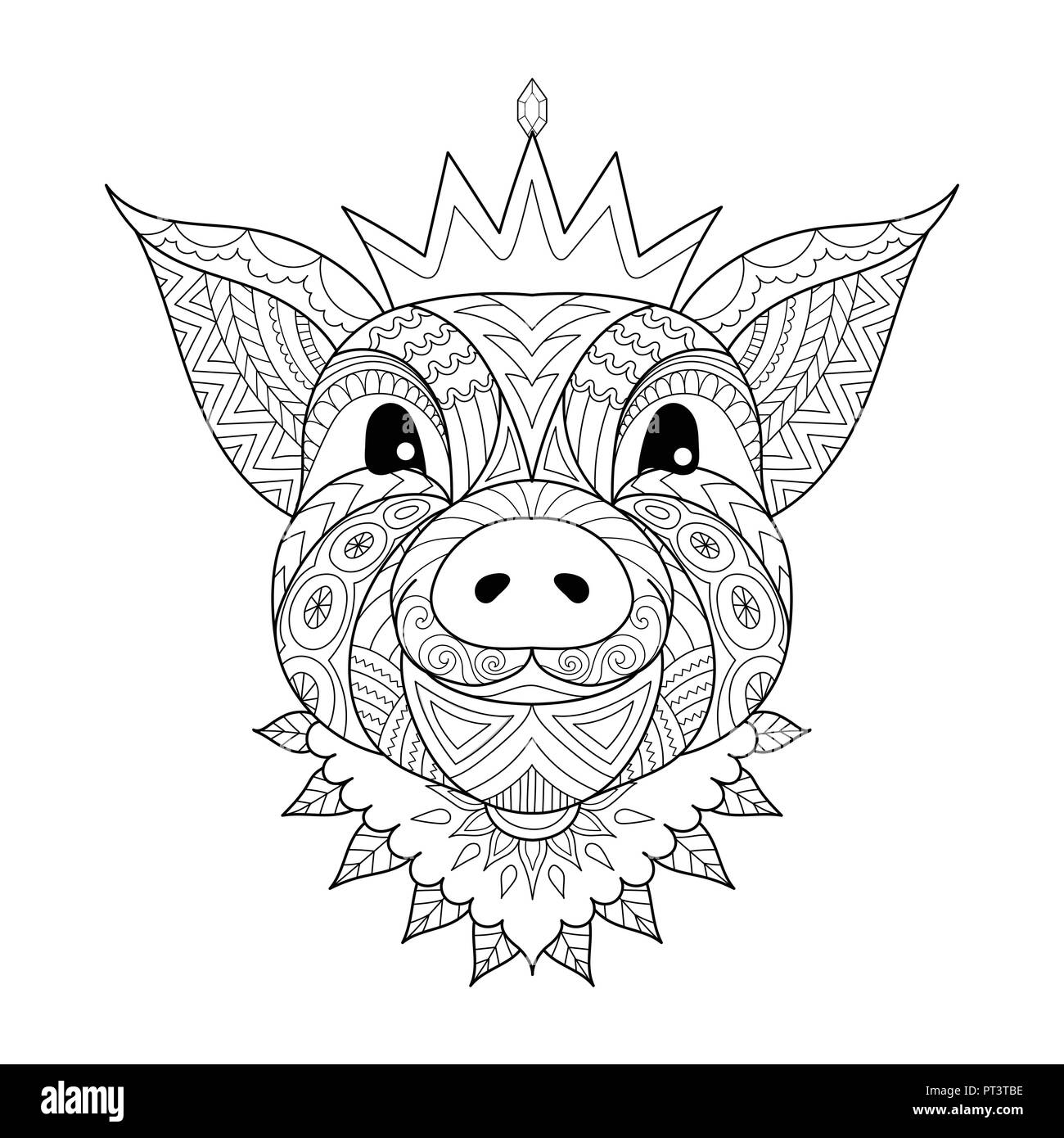 Zentangle stylized of pig baby wearing crown the Chinese sign of year 2019 for coloring book page, printed tee and so on. Vector illustration Stock Vector