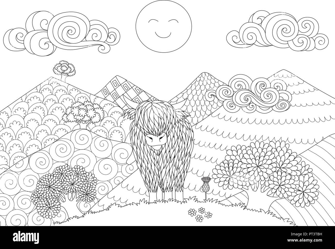 Cute Highland cow walking on the hill for design element and coloring