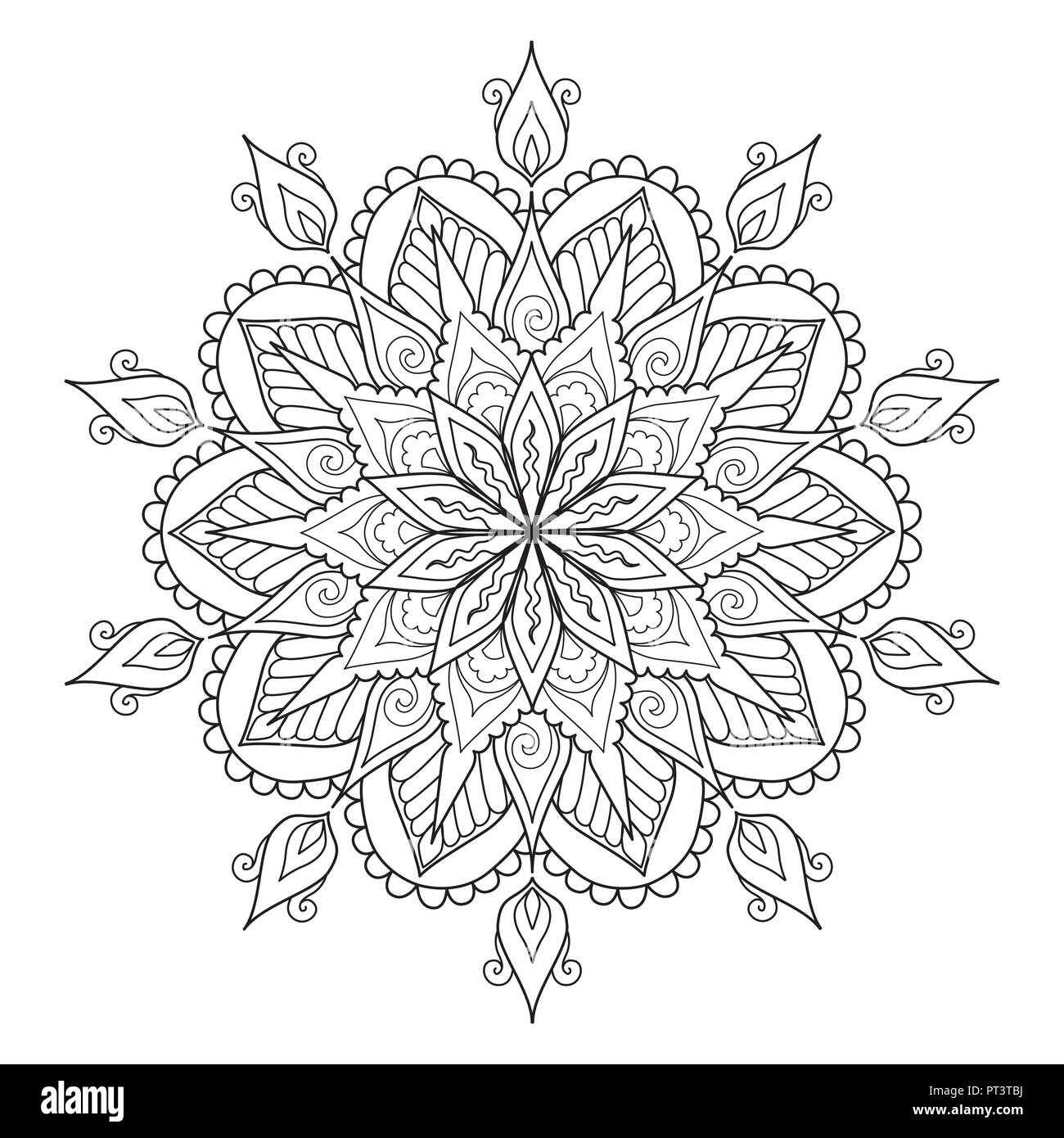 Mandala design for design element and coloring book page for anti stress. Vector illustration Stock Vector