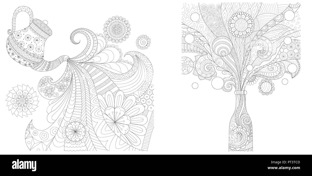 Adult coloring page set including tea pt and drink bust out of a bottle. Vector illustration. Stock Vector