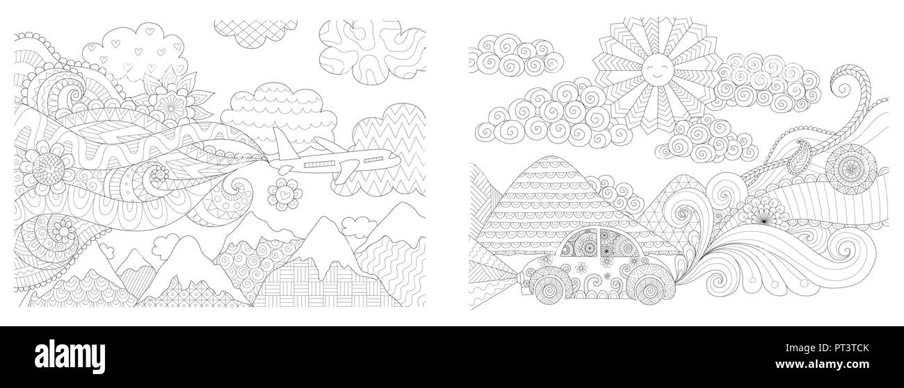 Coloring Pages. Coloring Book for adults. Colouring pictures collection of travelling by plane and car. Antistress freehand sketch drawing with doodle Stock Vector