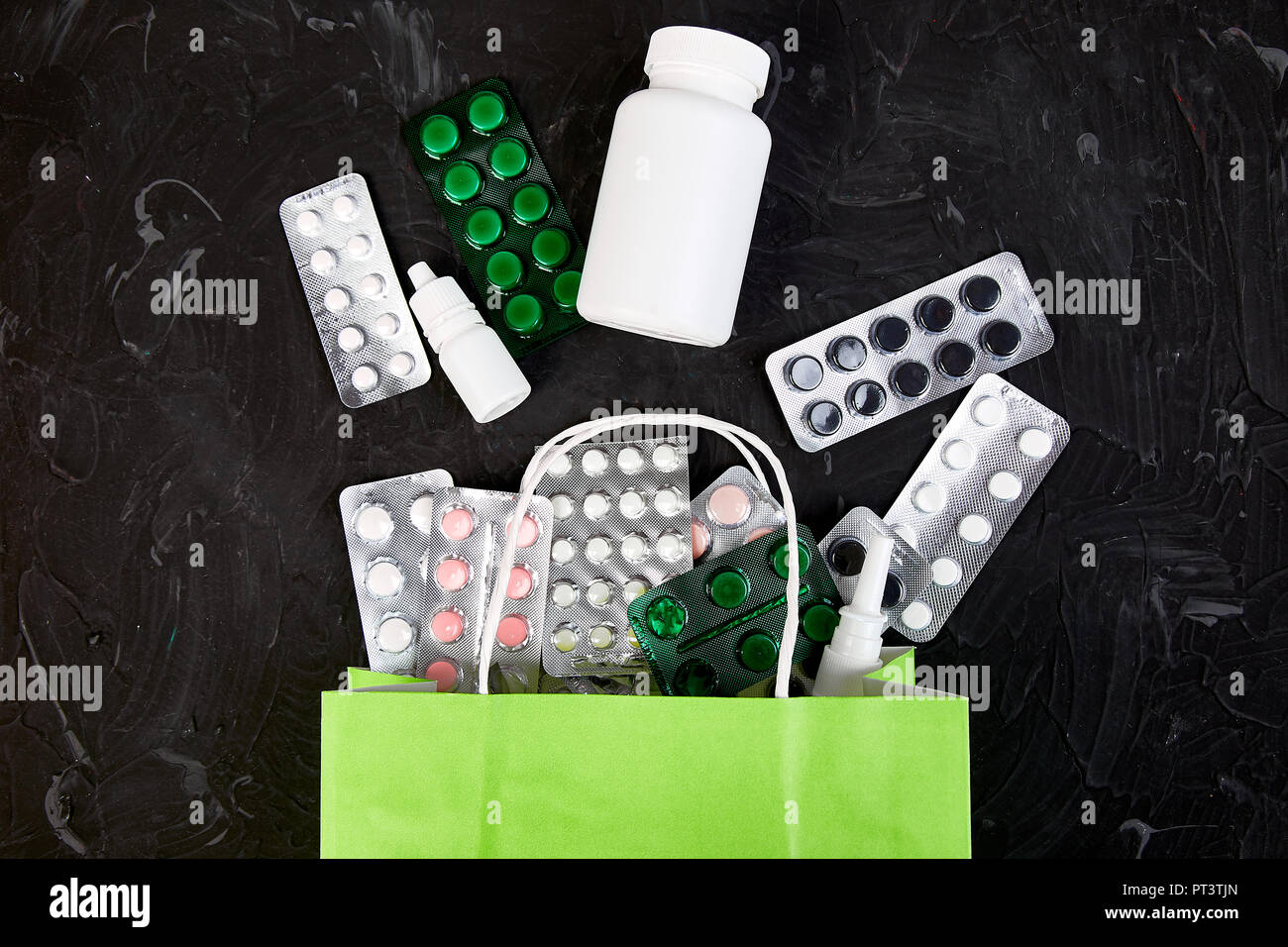 Shopping Bag Assorted Medicine Pills And Blister On Dark