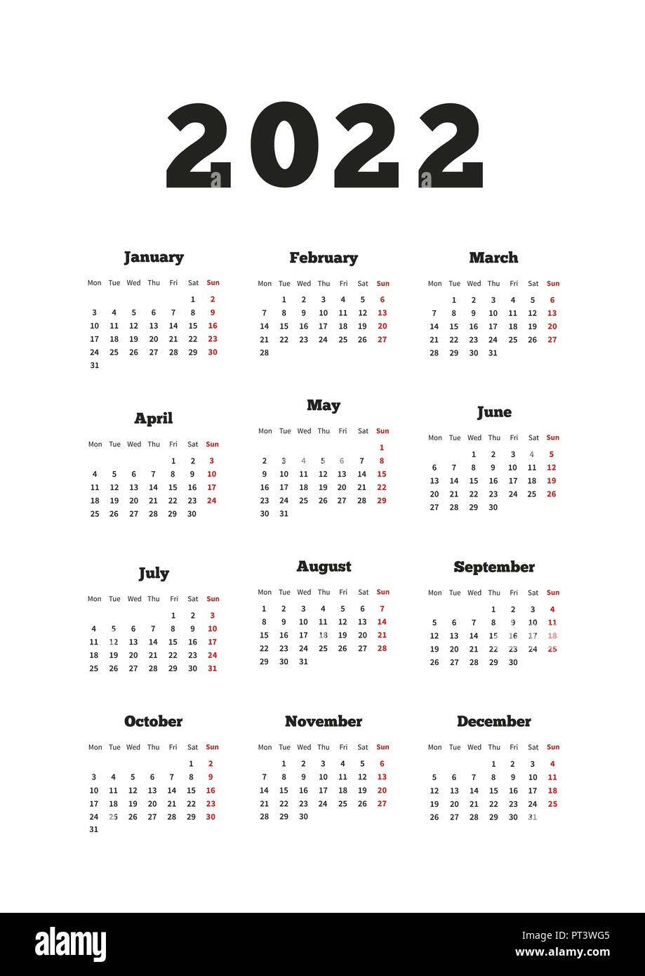 2022 Calendar Printable A4 Paper Size White Monday Start Images And