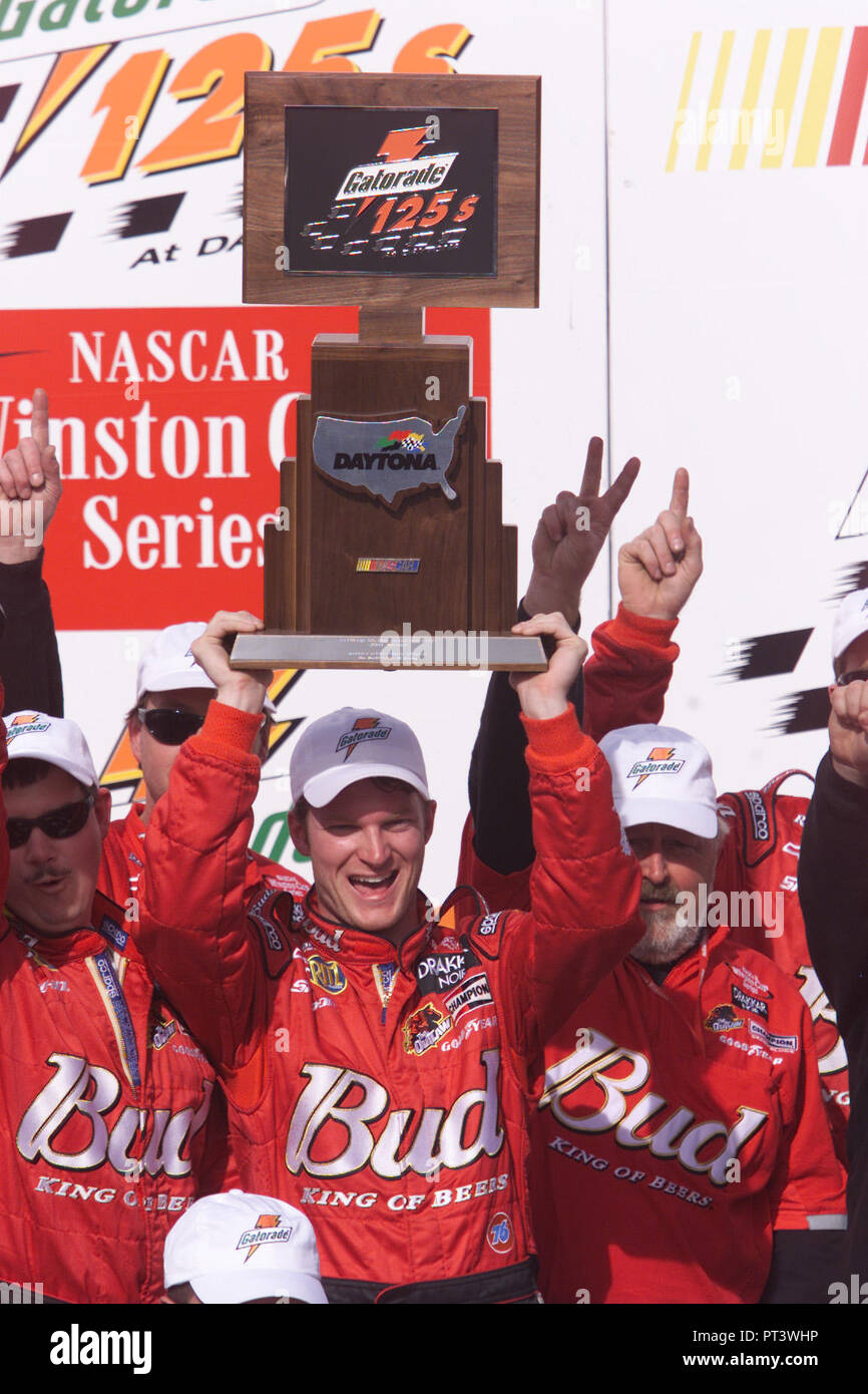 Dale Earnhardt Jr. celebrates winning the second NASCAR Gatorade Twin 125, at Daytona International Speedway in Daytona Beach,  Florida, on February 13, 2003. Stock Photo