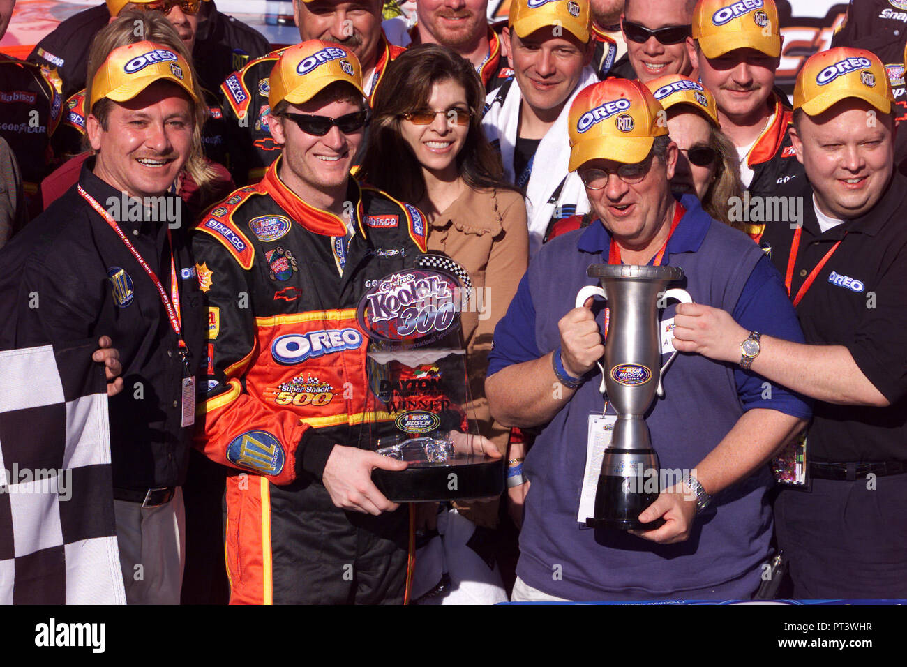 Dale Earnhardt Jr. celebrates winning the NASCAR Koolerz 300 at Daytona International Speedway in Daytona Beach,  Florida, on February 15th, 2003. Stock Photo