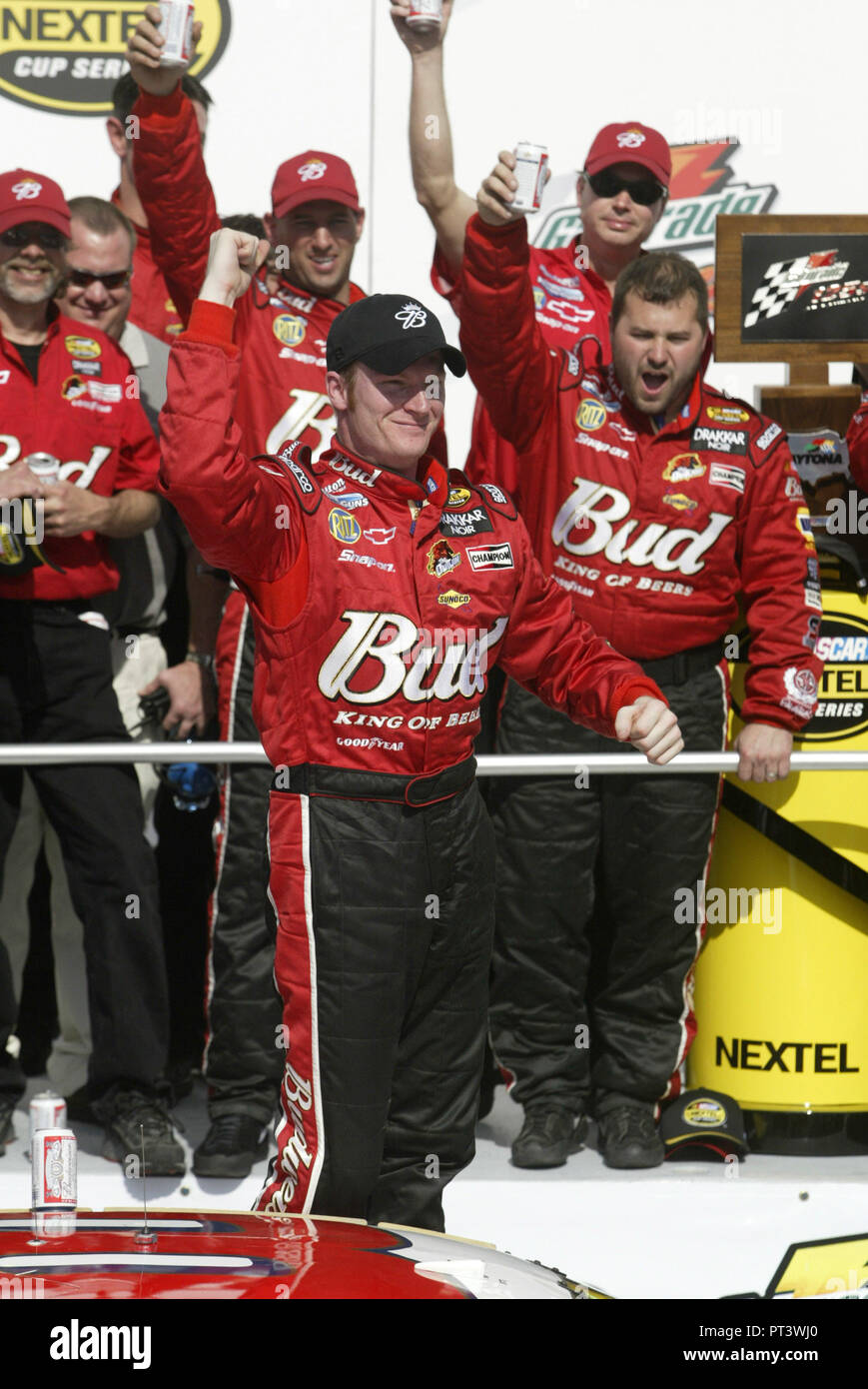 Dale Earnhardt Jr. celebrates winning the first of two NASCAR Nextel
