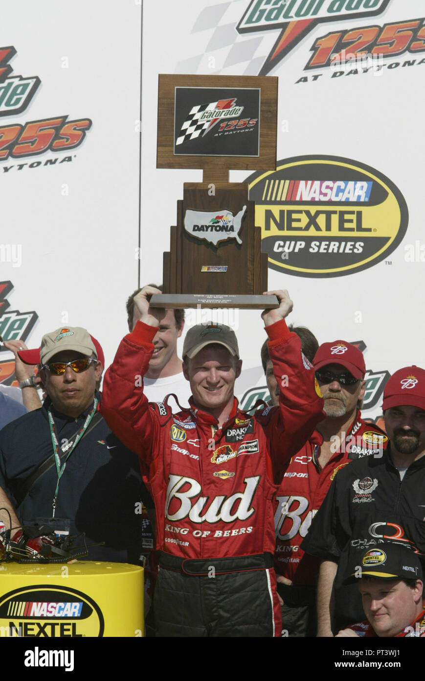 Dale Earnhardt Jr. celebrates winning the first of two NASCAR Nextel