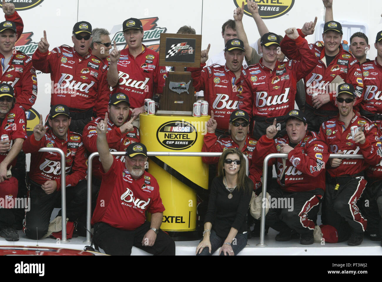 Dale Earnhardt Jr. celebrates winning the first of two NASCAR Nextel