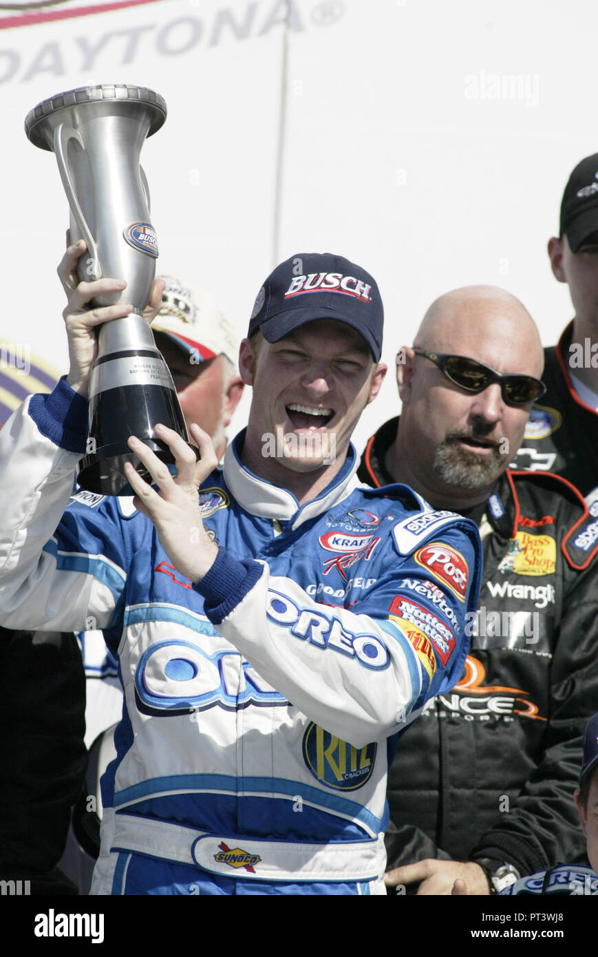 Dale Earnhardt Jr. celebrates winning the Hershey's Kisses 300, at Daytona International Speedway in Daytona Beach,  Florida, on February 16, 2004. Stock Photo