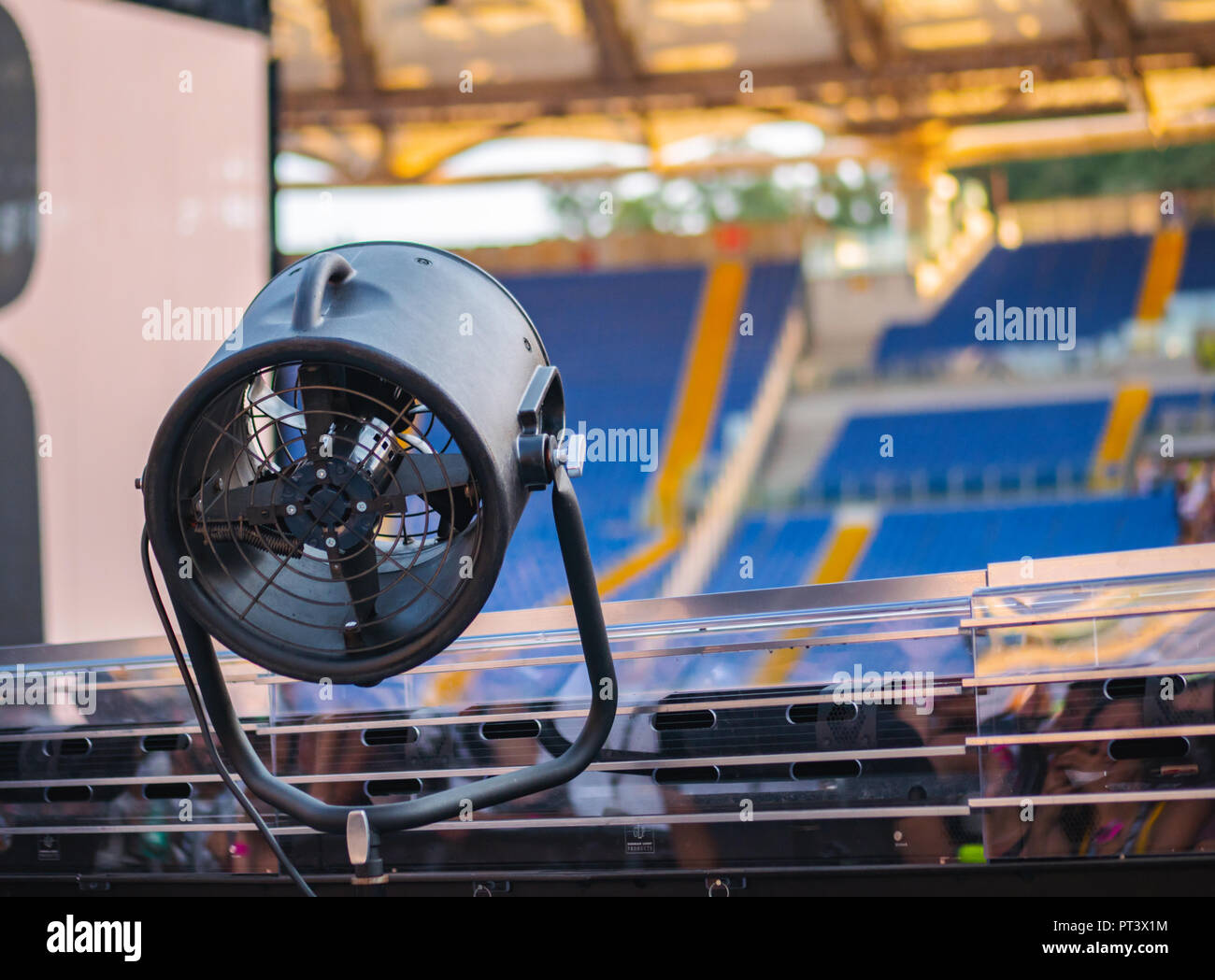 Stage illumination light equipment and projector. Searchlight floor. Element of job lighting