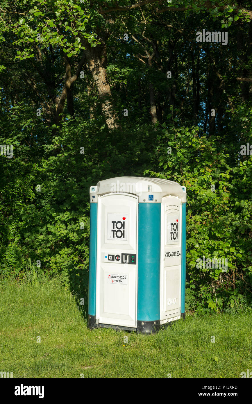 Portable toilet in Nowęcin, Pomeranian Voivodeship, Poland Stock Photo