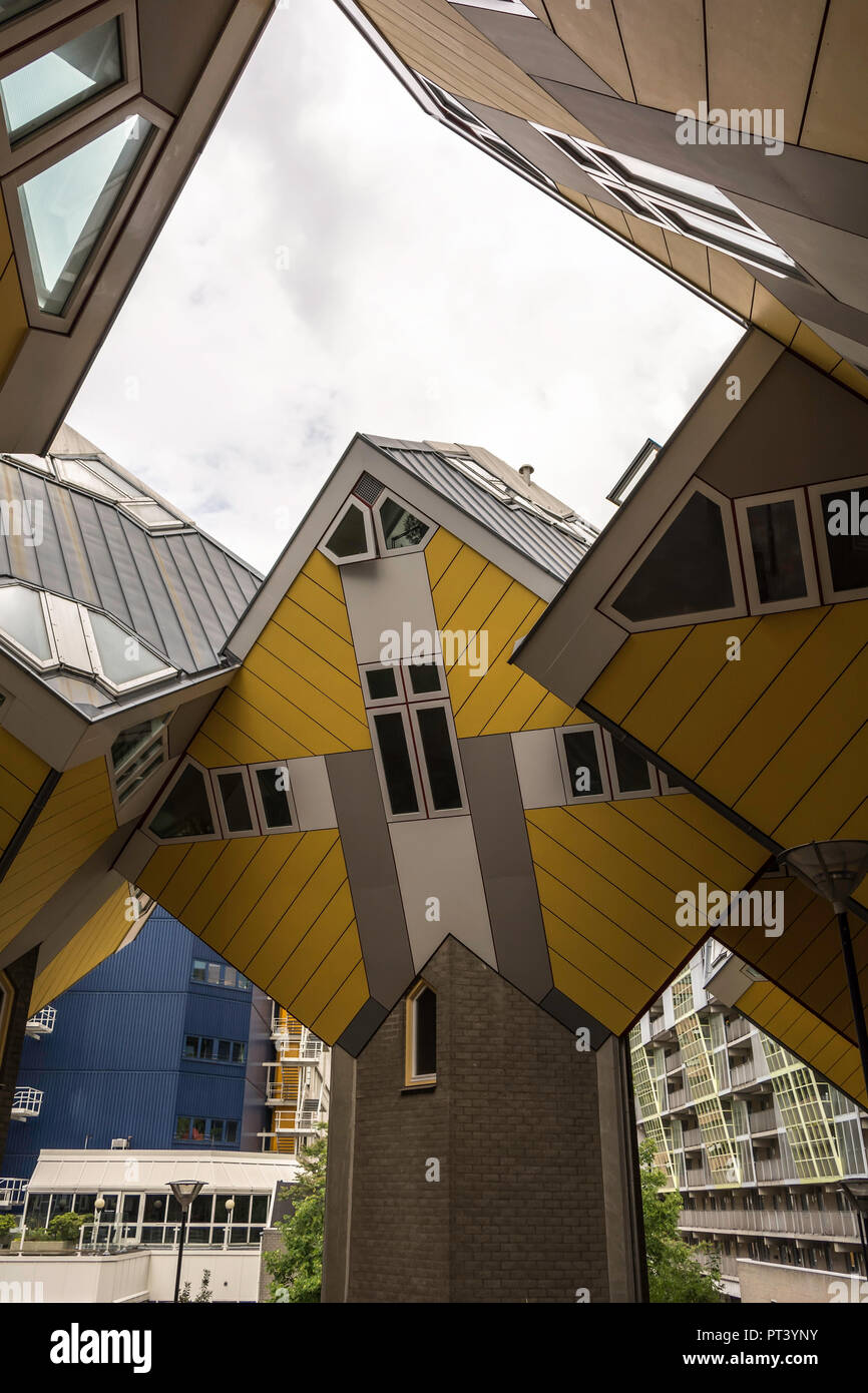 Titled cube houses resting upon a hexagon-shaped pylons in Rotterdam, Netherlands.  It is a set of innovative houses based on the concept of high dens Stock Photo