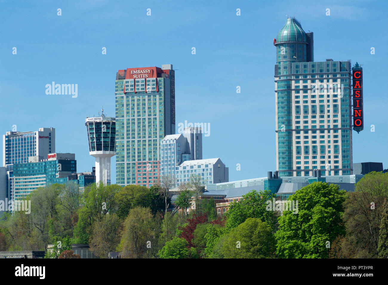 NIAGARA FALLS, ONTARIO, CANADA - MAY 21st 2018: Exterior view of the Fallsview Casino Resort tower and skyline in Niagara Falls during spring Stock Photo