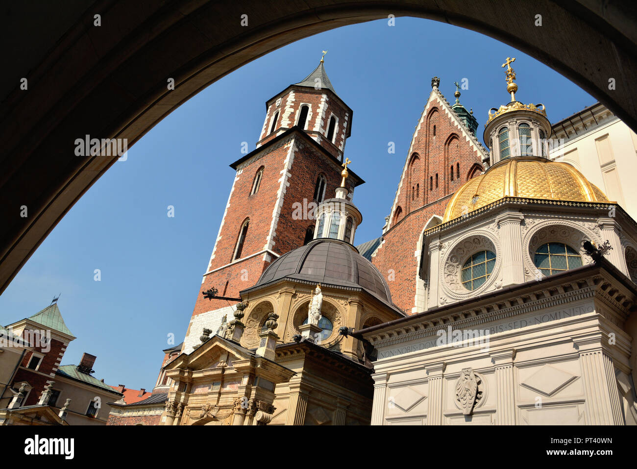 The Royal Archcathedral Basilica of Saints Stanislaus and Wenceslaus on the Wawel Hill. Architecture close up, part of Wawel Castle in Krakow, Poland. Stock Photo
