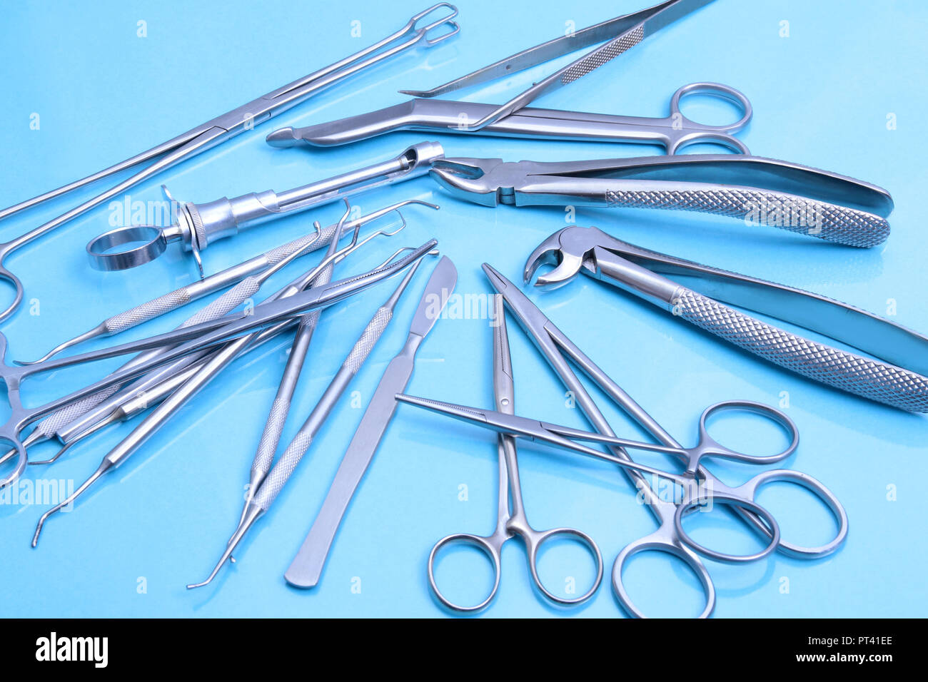 Set of metal medical equipment tools for teeth dental care Stock Photo